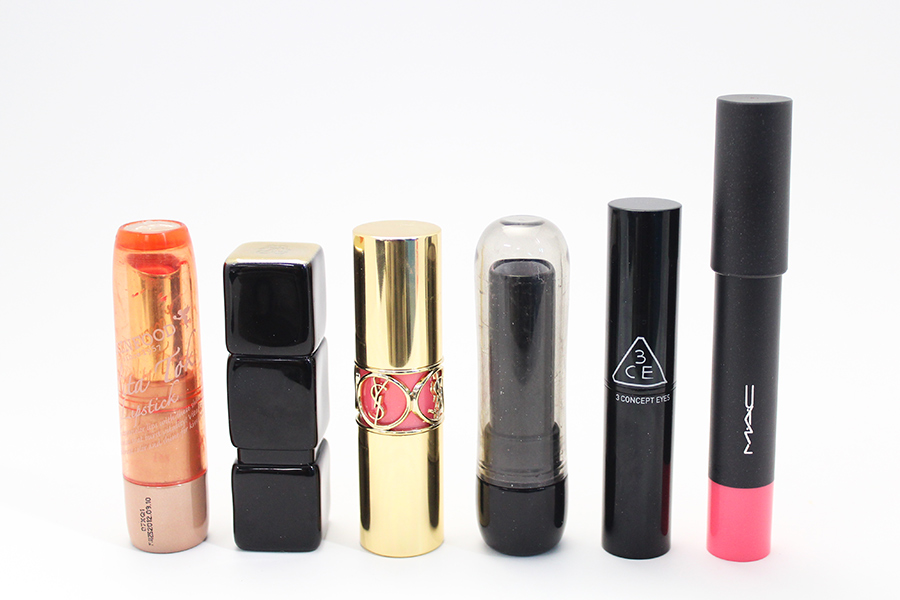 SKINFOOD Vita Tok Lipstick PK02, 嬌蘭GUERLAIN343號,
YSL 32號, Espoir PK002G, 3CE 12號,
MAC Go for girlie
