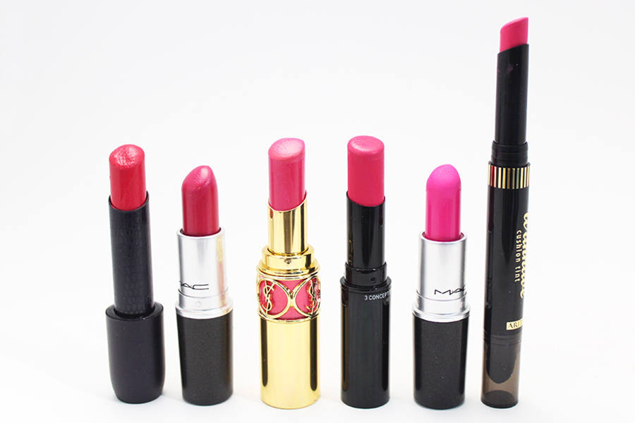 Espoir Cherry burn, MAC Lickable, YSL 31號, 3CE 3號, MAC Candy yum-yum, ARITAUM Cushion tint 3號Blondie