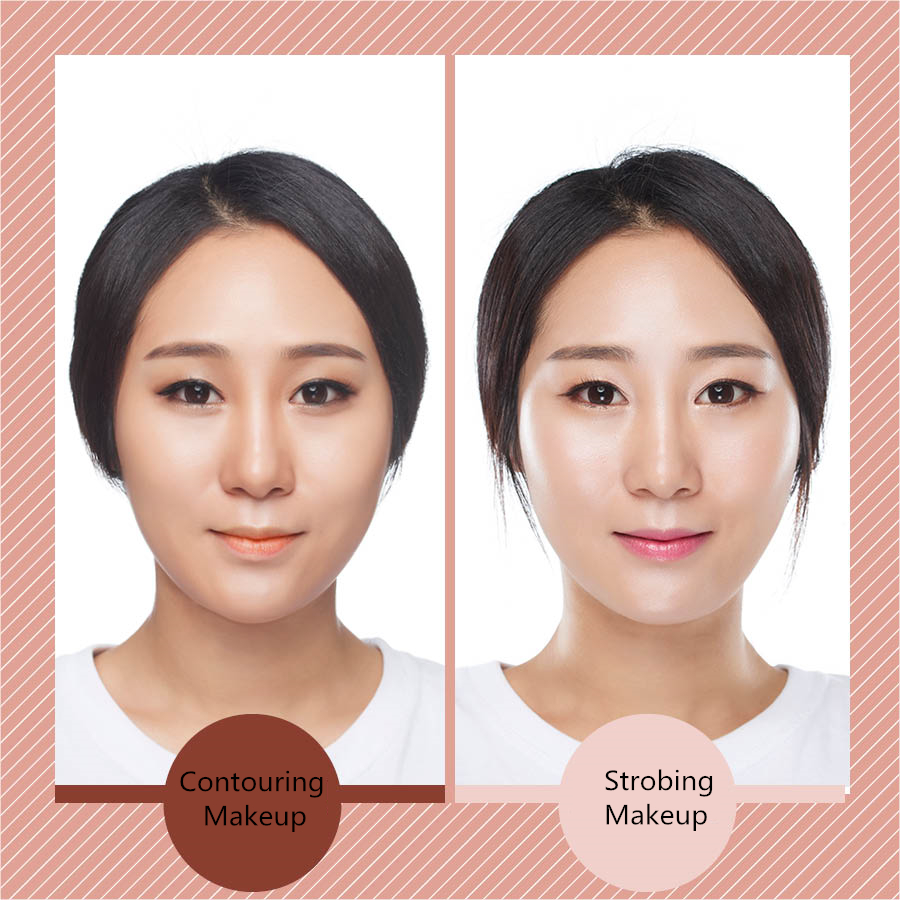 Contouring Makeup和Strobing Makeup都是歐美非常流行的兩種修容術,也是截然相反的兩種修容術,前者整體偏暗,以暗色打在凹陷處,主打性感路線,而後者整體偏白,以亮色打在凸起處,讓臉部看起來更豐滿有光澤。