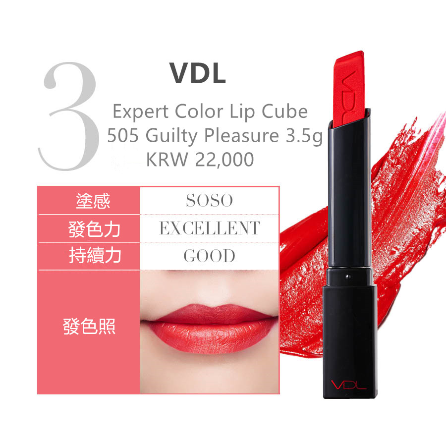 在VDL品牌呢,有 '申敏兒口紅'之稱的 'Expert Color Lip Cube 505 Guilty Pleasure'則是銷售量最高的一款口紅. 會有點乾乾的因此不推薦給嘴唇容易脫皮的人,但持續力還蠻不錯的.