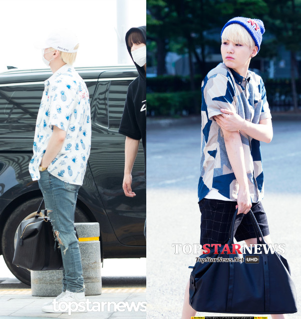 SUGA
永遠睡不醒的SUGA,連私服Look也很「睡不醒 」,左邊的花襯衫很有海邊度假的慵懶風情。如果男友像SUGA一樣牛奶肌的話真的很適合這種誇張圖案的襯衫。